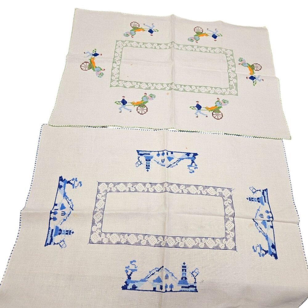 Vintage Table Placemats Colorful Oriental Horse Buggy Cross Stitch Embroidery‎